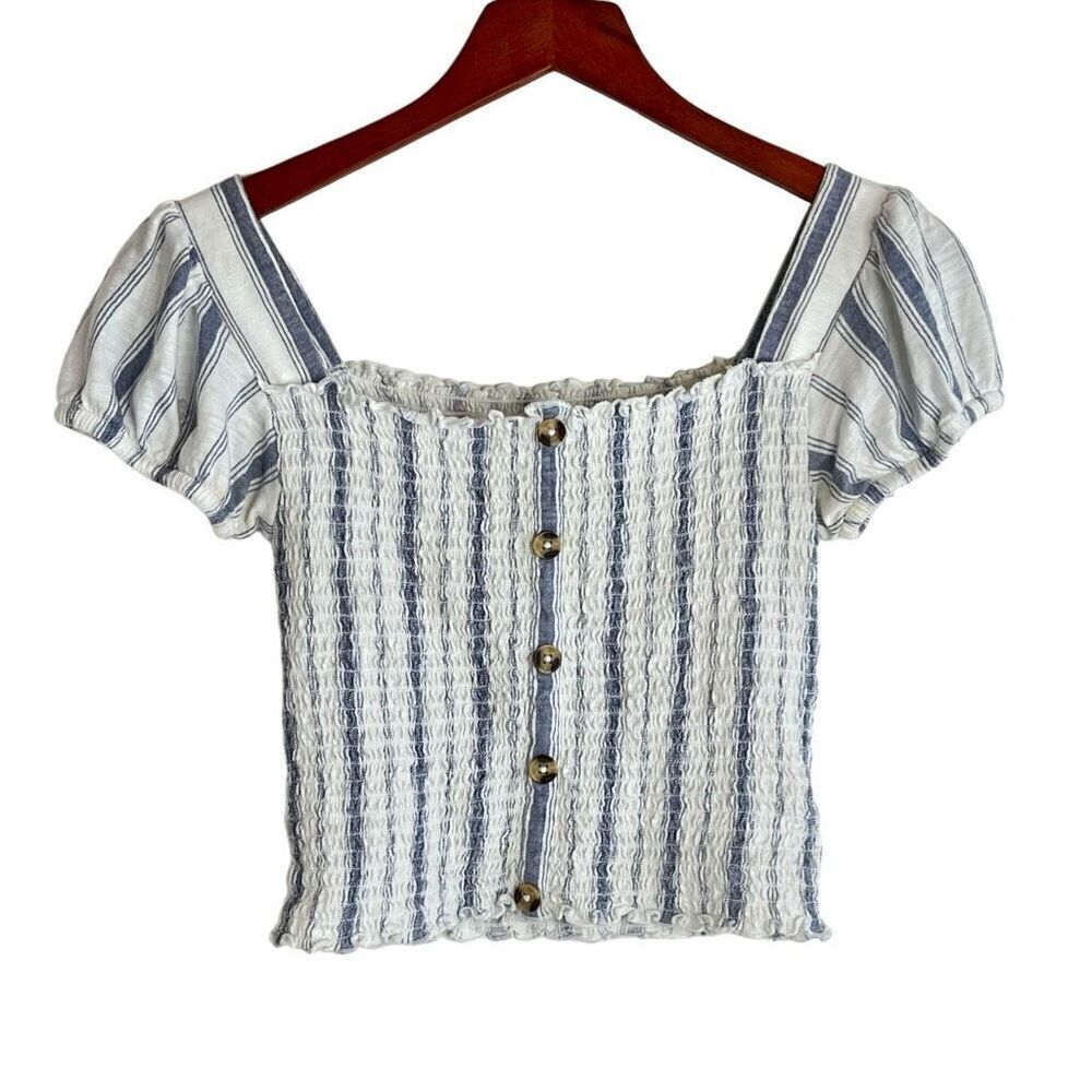 Mudd Womens Striped Button Front Smocked Puff Sleeve Top White Blue Size Small